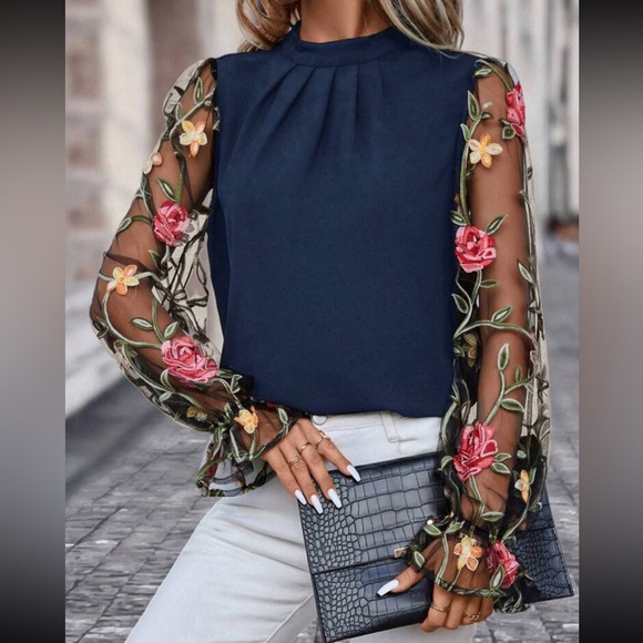 Luxe black floral embroidered mesh sleeve blouse - Picture 4 of 10